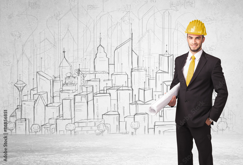Construction worker with cityscape background Construction worker with cityscape background