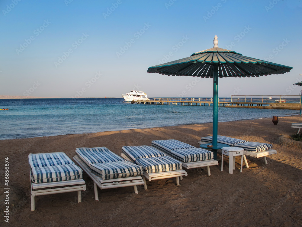 Beach with Four Chairs and Umbrella
