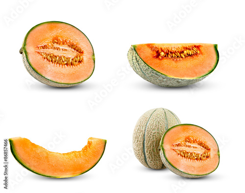 Set Collection of Cantaloupe Melon.  Isolated on white background.