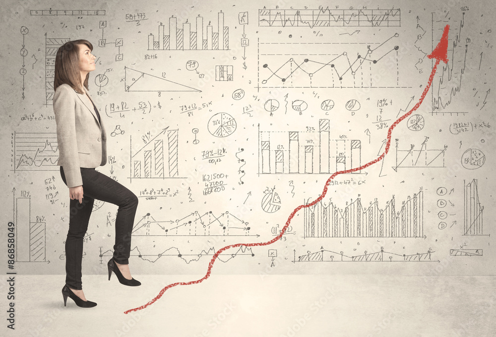 Business woman climbing on red graph arrow concept Business woman climbing on red graph arrow concept