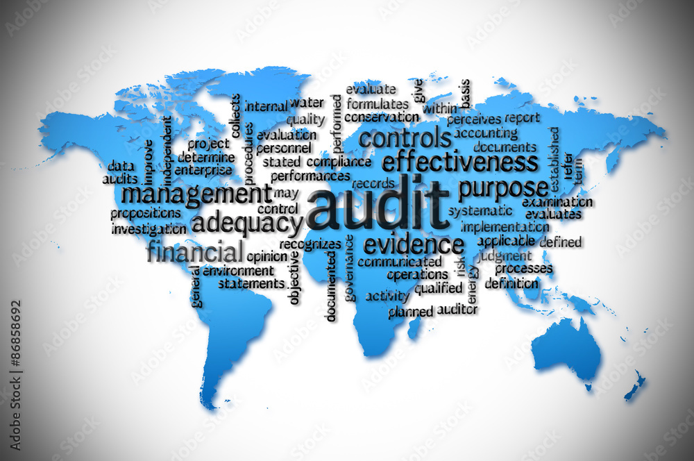 Word Cloud of audit with world map background Word Cloud of audit with world map background