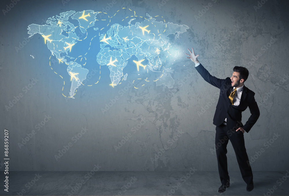 Business person showing digital map with planes around the world Business person showing digital map with planes around the world
