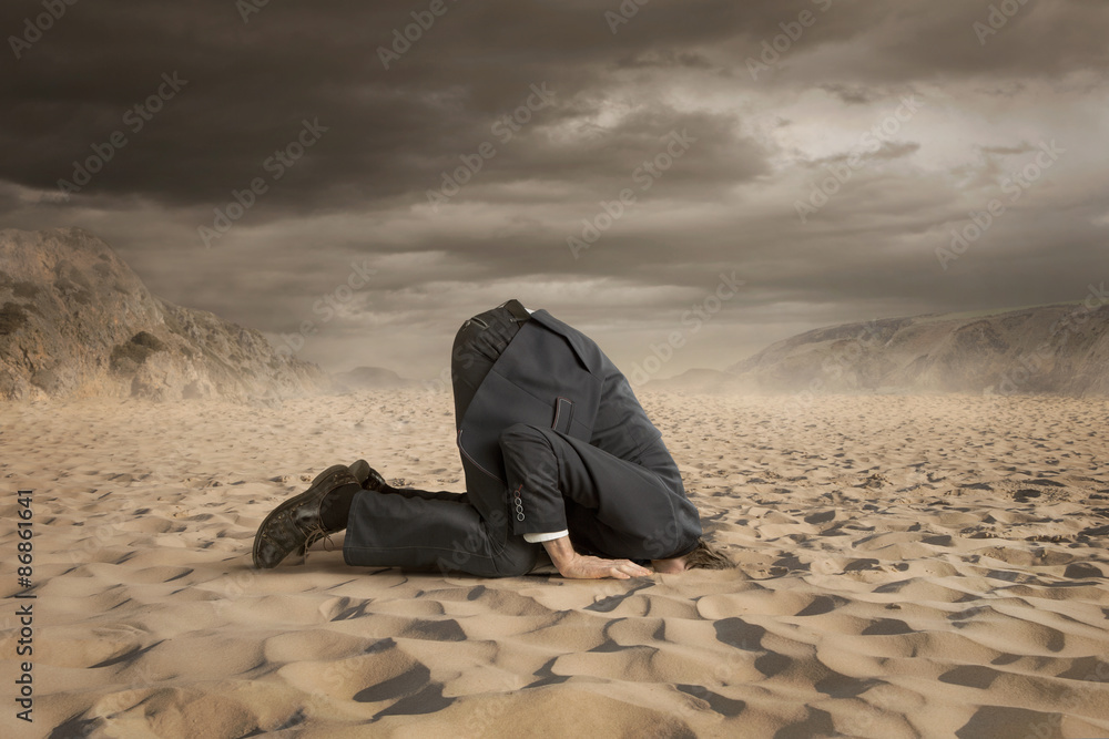 Young businessman hiding head in the sand - obrazy, fototapety, plakaty 