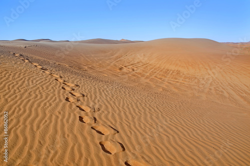 Dunes in the desert.Arid desolate landscape.Footprints in the sa