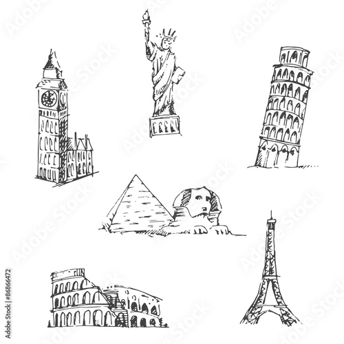 Doodle Travel set. World famous landmarks
