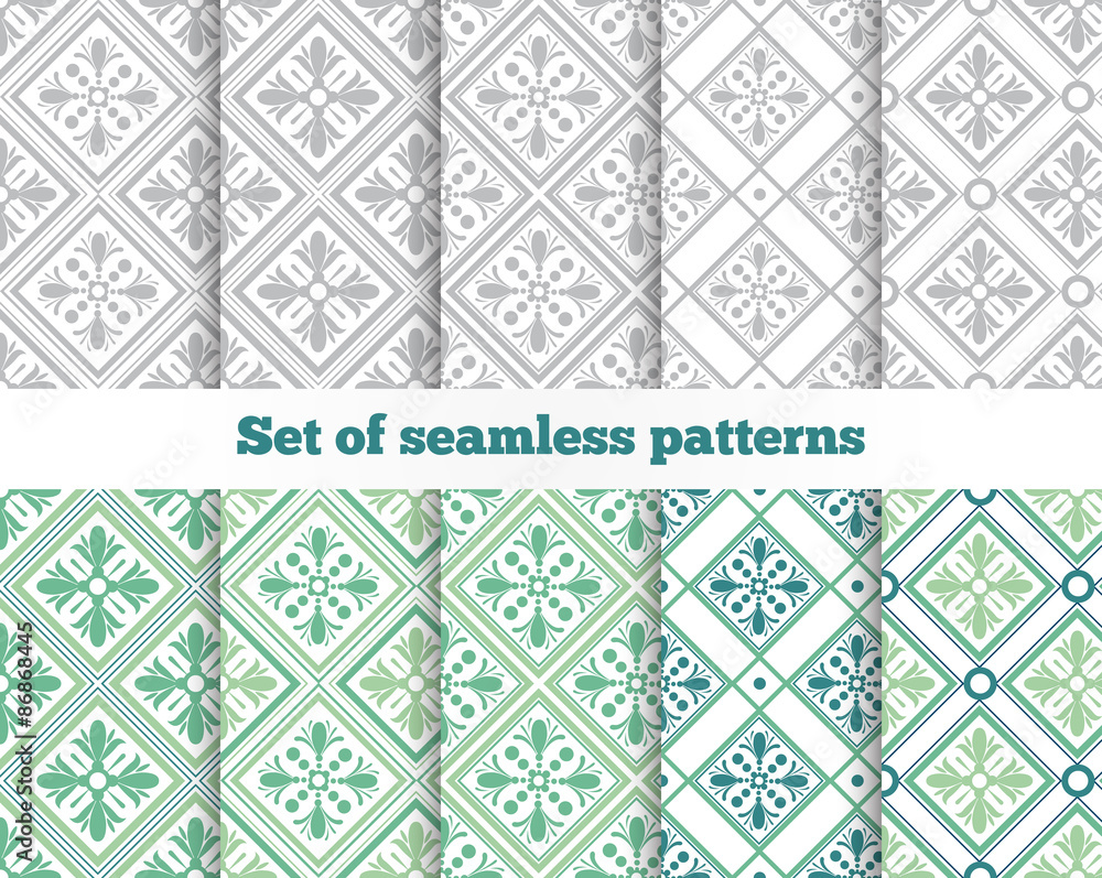 Geometrical seamless pattern. Gray, green, tile. Vector illustra