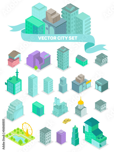 Set of the isometric city buildings, shops, park, business center, elements