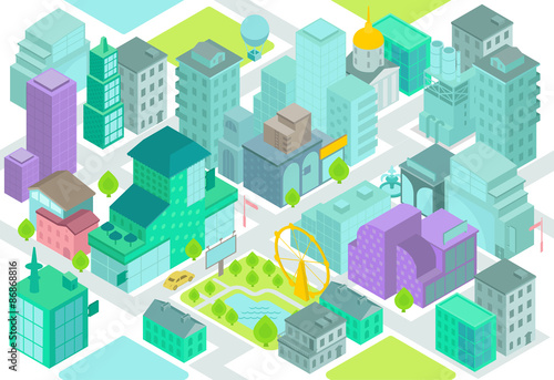 Set of the isometric city buildings, shops, park, business center, elements