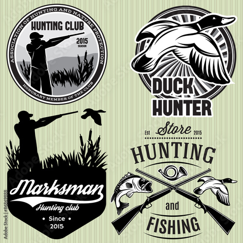 set of patterns with duck, dip, gun, hunter for hunting emblem