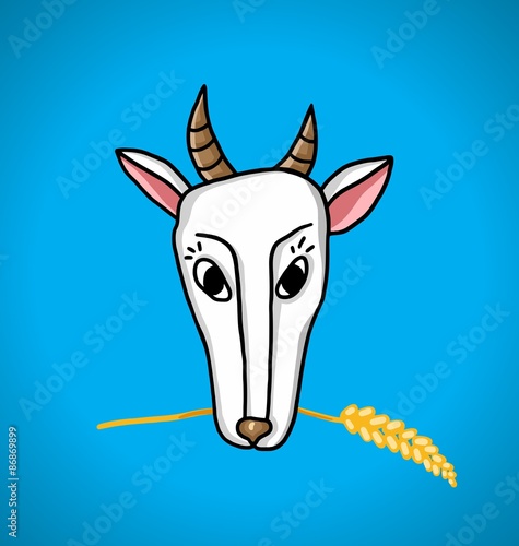 illustration goat with ears of wheat in the mouth on a blue background