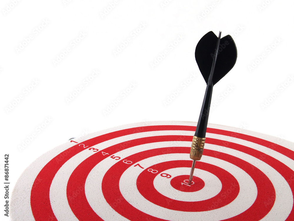 dart arrow hitting on bullseye target center in dartboard isolated on white dart arrow hitting on bullseye target center in dartboard isolated on white