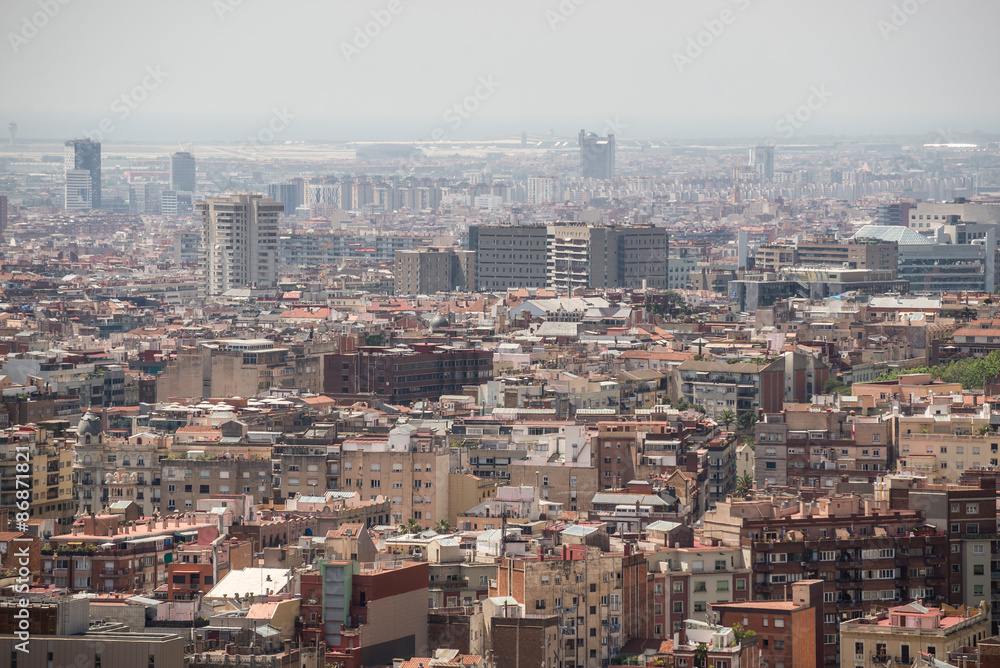 Aerial view from Three Crosses Hill in Park Guell in Barcelona, Spain