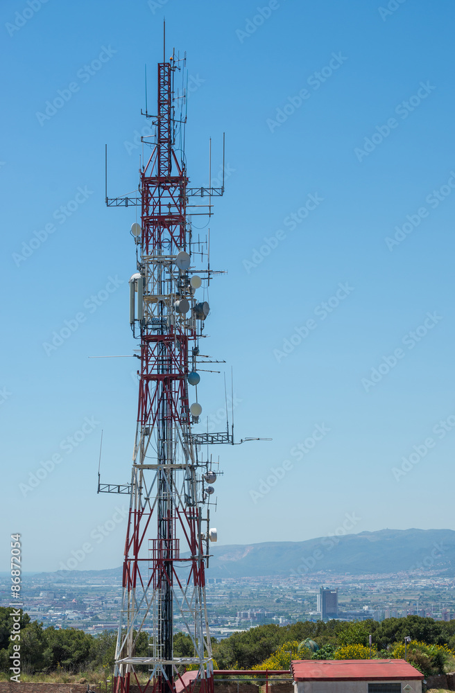 communication tower in Montjuic Castle fortress on Jewish Mountain in Barcelona, Spain
