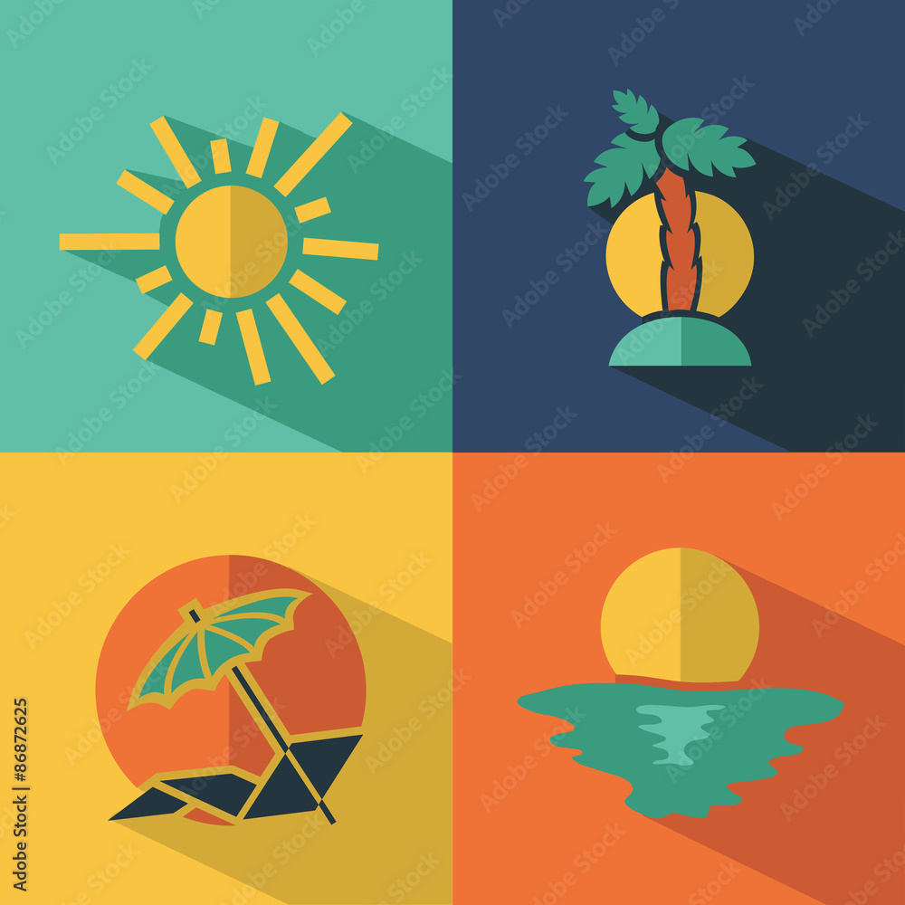 Four vector flat icons with long shadow effect in modern colors of traveling, tourism and vacation.