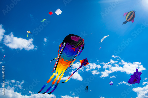 Various kites flying on the sky
