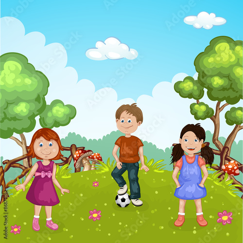 Group of cute happy cartoon kids playing in green park 