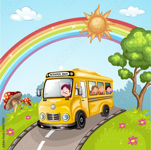 Illustration of kids and school bus in nature