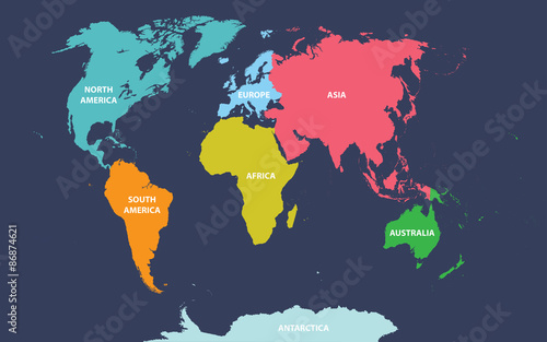 world map colored by continents on dark background