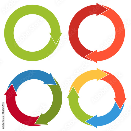 Set of 4 isolated flat colorful circular arrows with different n