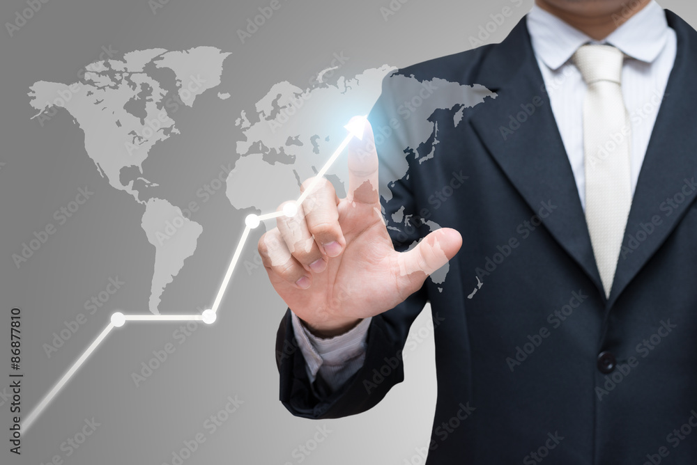 Businessman standing posture hand touch financial symbols coming Businessman standing posture hand touch financial symbols coming