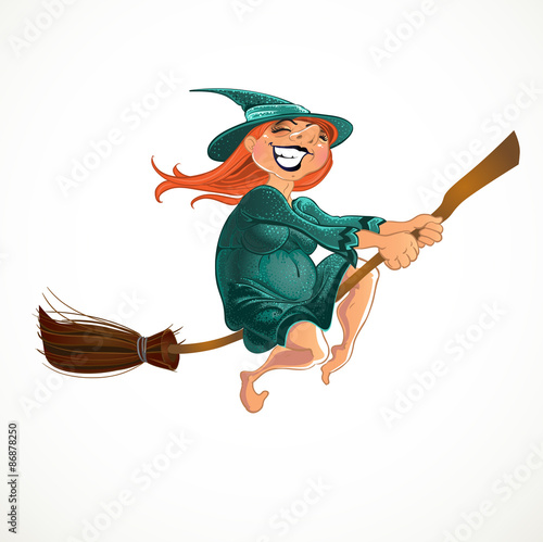 Cheerful old witch on the broom