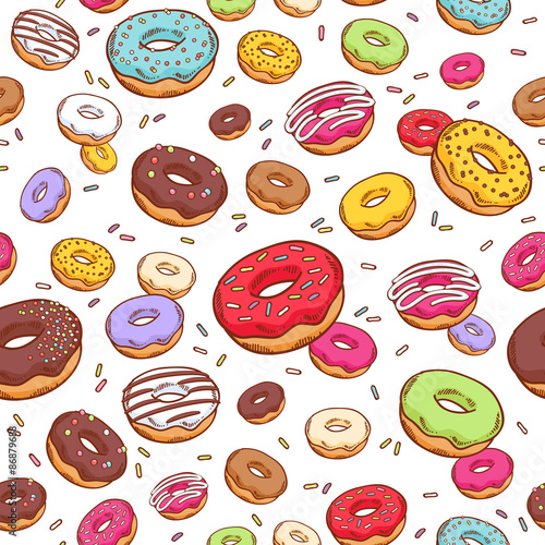 Colorful donuts seamless pattern. Doodle sketch style.