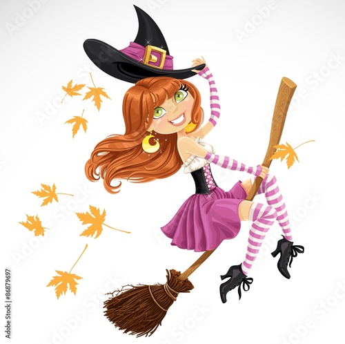 Beautiful witch flying on a broomstick isolated on white backgro