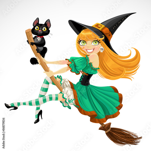 Beautiful red haired witch flying on broomstick