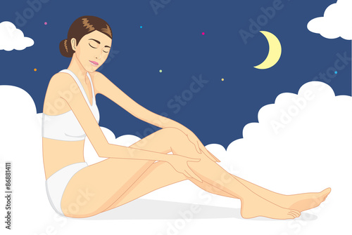Woman sitting on cloud and use hand caresses the body for nurture skin at night time. Skin care concept