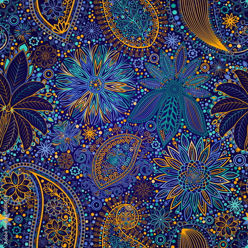 Vintage floral motif ethnic seamless background.