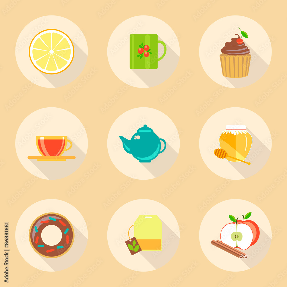 tea time flat design icons set. template elements for web and