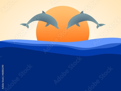 Two leaping dolphins facing each other at sunset