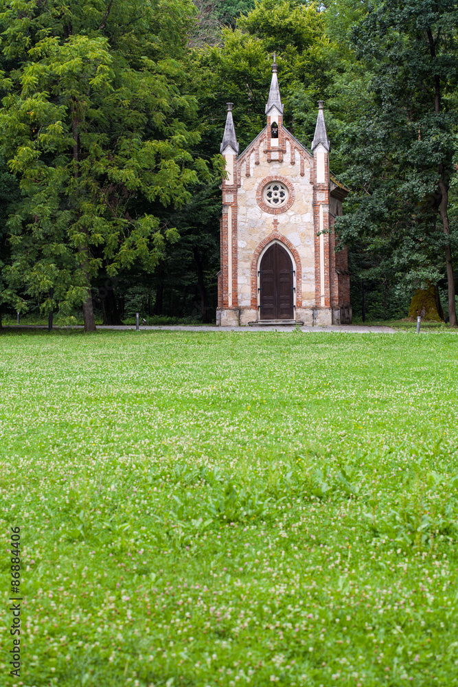 Naklejka premium Catholic chapel in Novi Dvori forest in Zapresic, Croatia