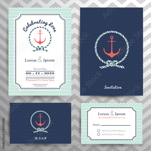 Nautical wedding invitation and RSVP card template set