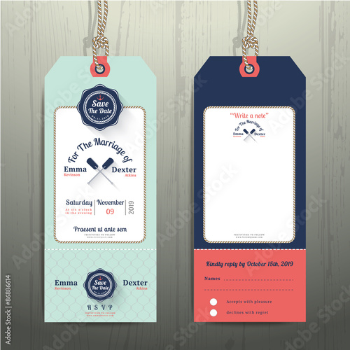 Nautical hanging tag wedding invitation and RSVP card  with fishnet rope design