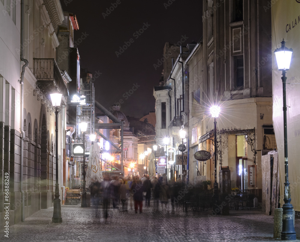Night street scene in Bucharest old city.