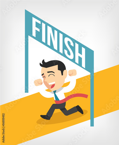 Businessman running at the finish line. Vector flat illustration