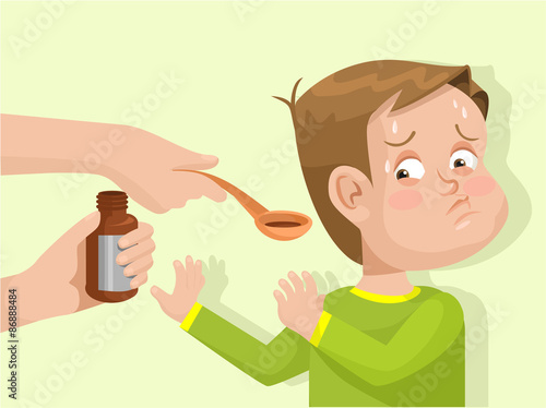 Child does not want to drink the medicine. Vector flat illustration