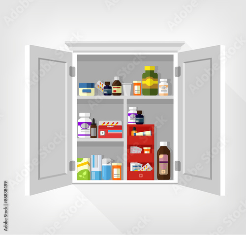 Cupboard with medicines. Vector flat illustration