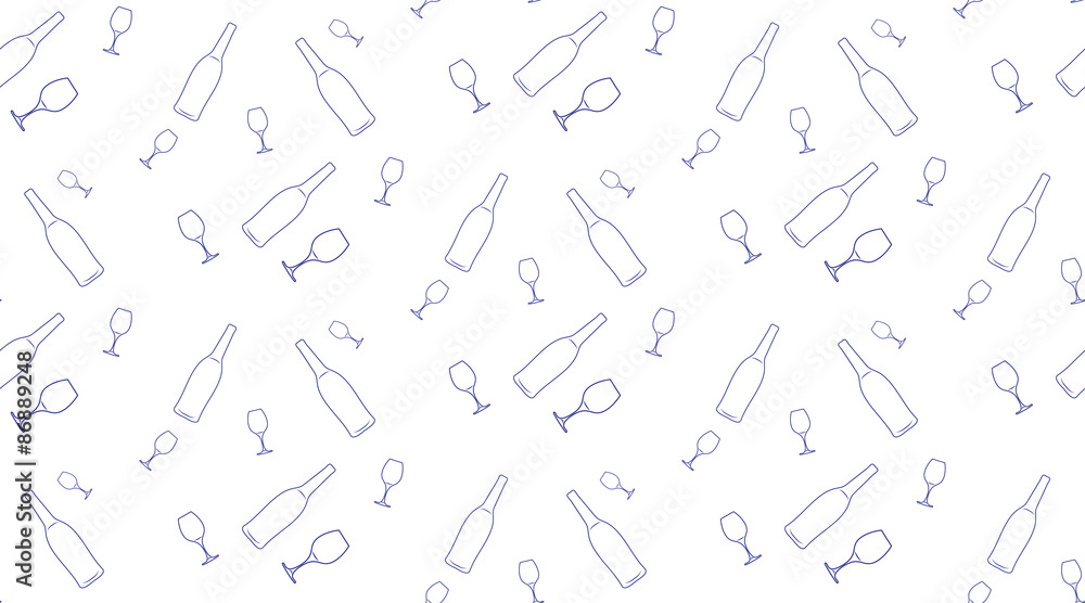 Vector seamless background of bottles and glasses contours on white background.