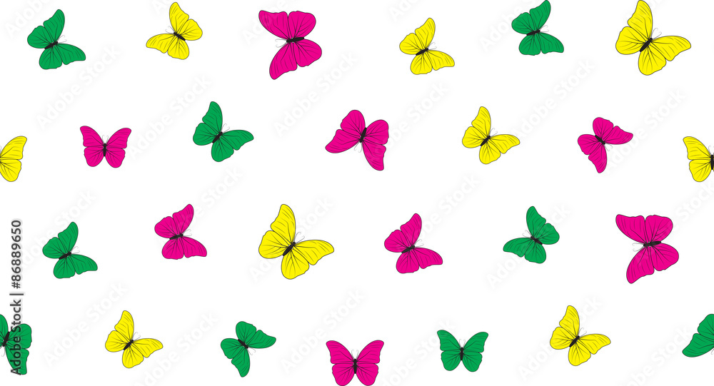 Fototapeta premium Vector seamless background of butterflies on a white background. Colored butterflies of different sizes.