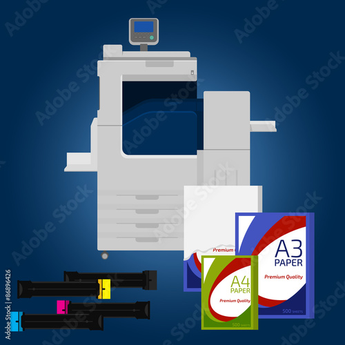 Laser copier with paper. Cartridge and pack of paper