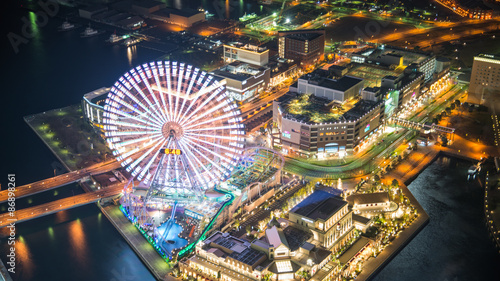 Aerial night view of Yokohama Cityscape at Minato Mirai waterfro