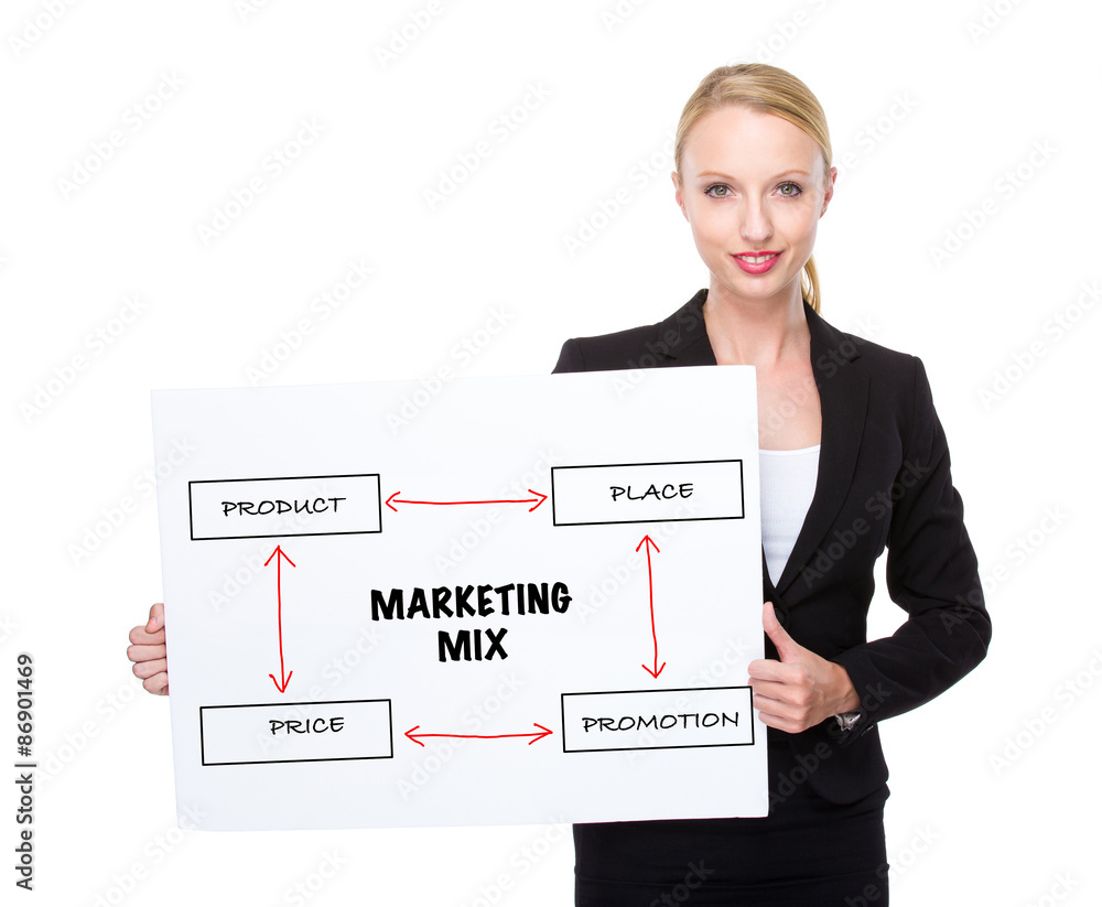 Caucasian businesswoman hold white board with marketing mix conc Caucasian businesswoman hold white board with marketing mix conc