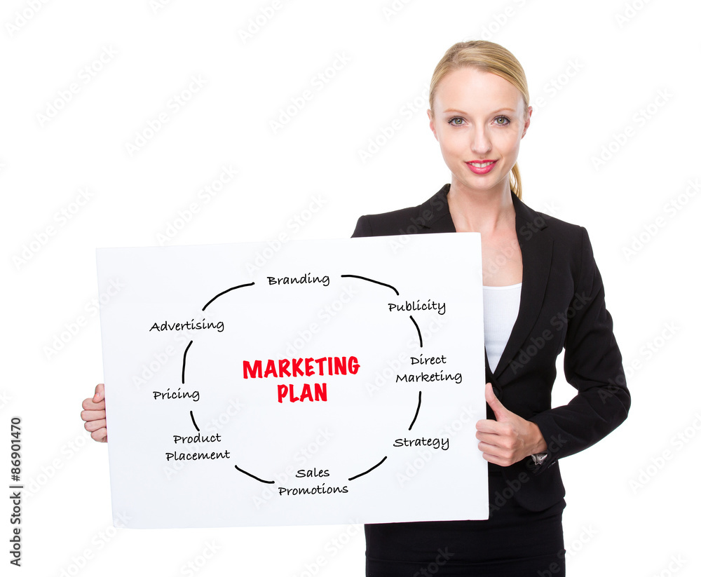 Caucasian businesswoman hold white board with marketing planning Caucasian businesswoman hold white board with marketing planning