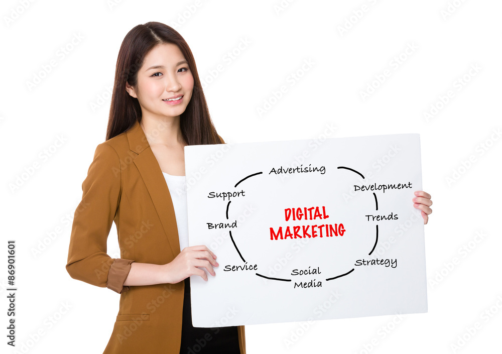Businesswoman hold with palcard and presenting digital marketing Businesswoman hold with palcard and presenting digital marketing