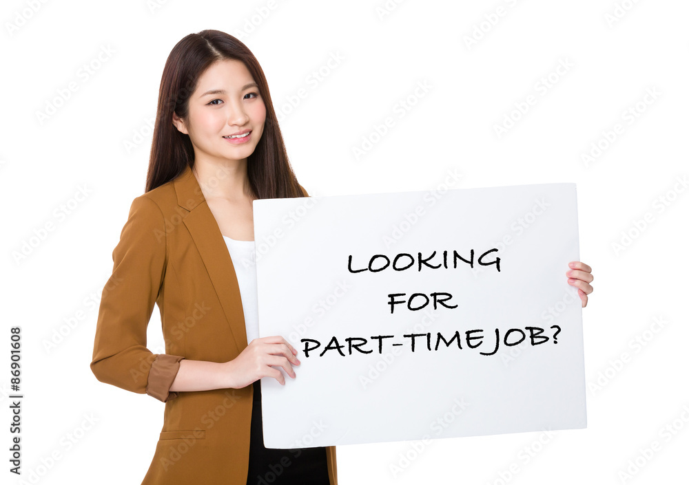 Businesswoman hold with palcard and presenting phrase of looking Businesswoman hold with palcard and presenting phrase of looking