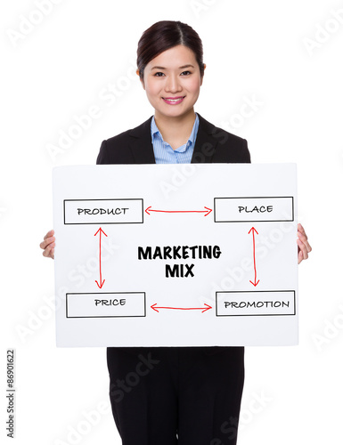 Businesswoman with white palcard for showing marketing mix conce photo