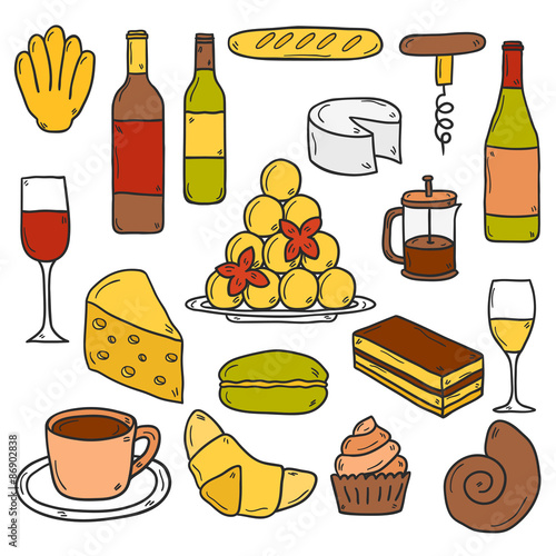 Set of cartoon cute hand drawn icons on french cuisine theme