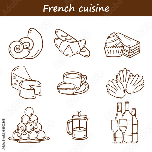 Set of cartoon cute hand drawn outline icons on french cuisine